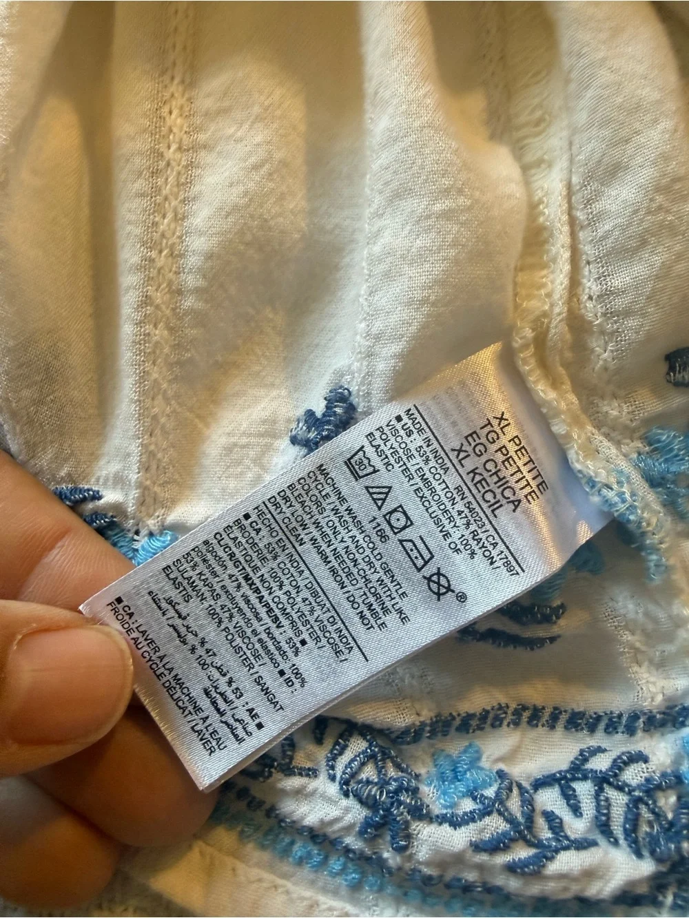 Old Navy Cream Peasant Top with Blue Floral Embroidery